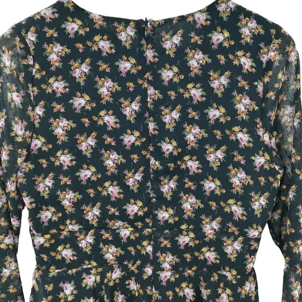 Altar'd State Floral Sheer Shorts Romper Size M Metallic Ruffle Bell Sleeve